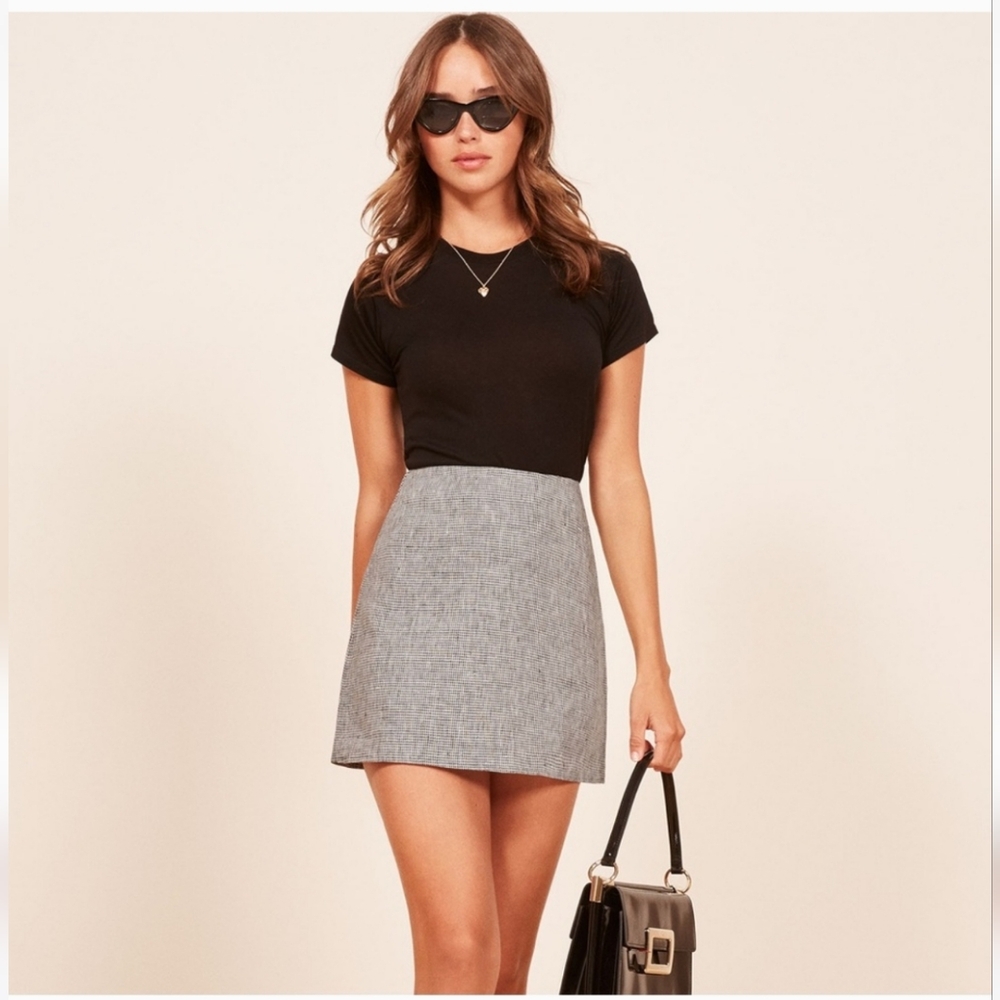 Reformation 100% Linen Plaid Houndstooth Mini High Waist Skirt Size 4